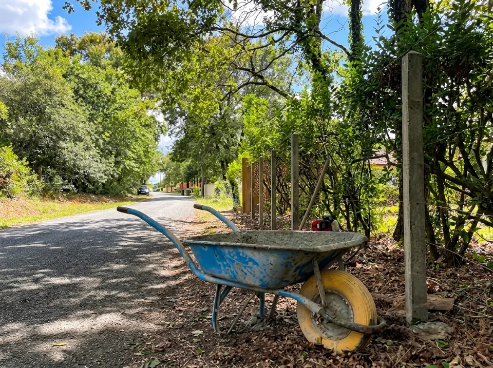 Chantier de clôture en bordure d'une voie privée arborée