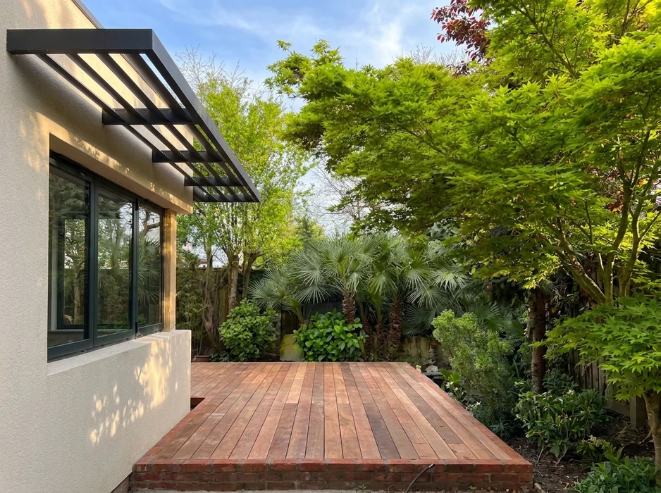 Terrasse extérieure moderne avec lame de bois composite IPE, pergola métallique noire à structure tubulaire, baie vitrée aluminium coulissante sur façade enduit blanc
