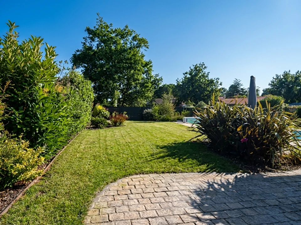 Jardin paysager résidentiel ensoleillé, pelouse tondue avec stries parallèles, bordures végétales soignées
