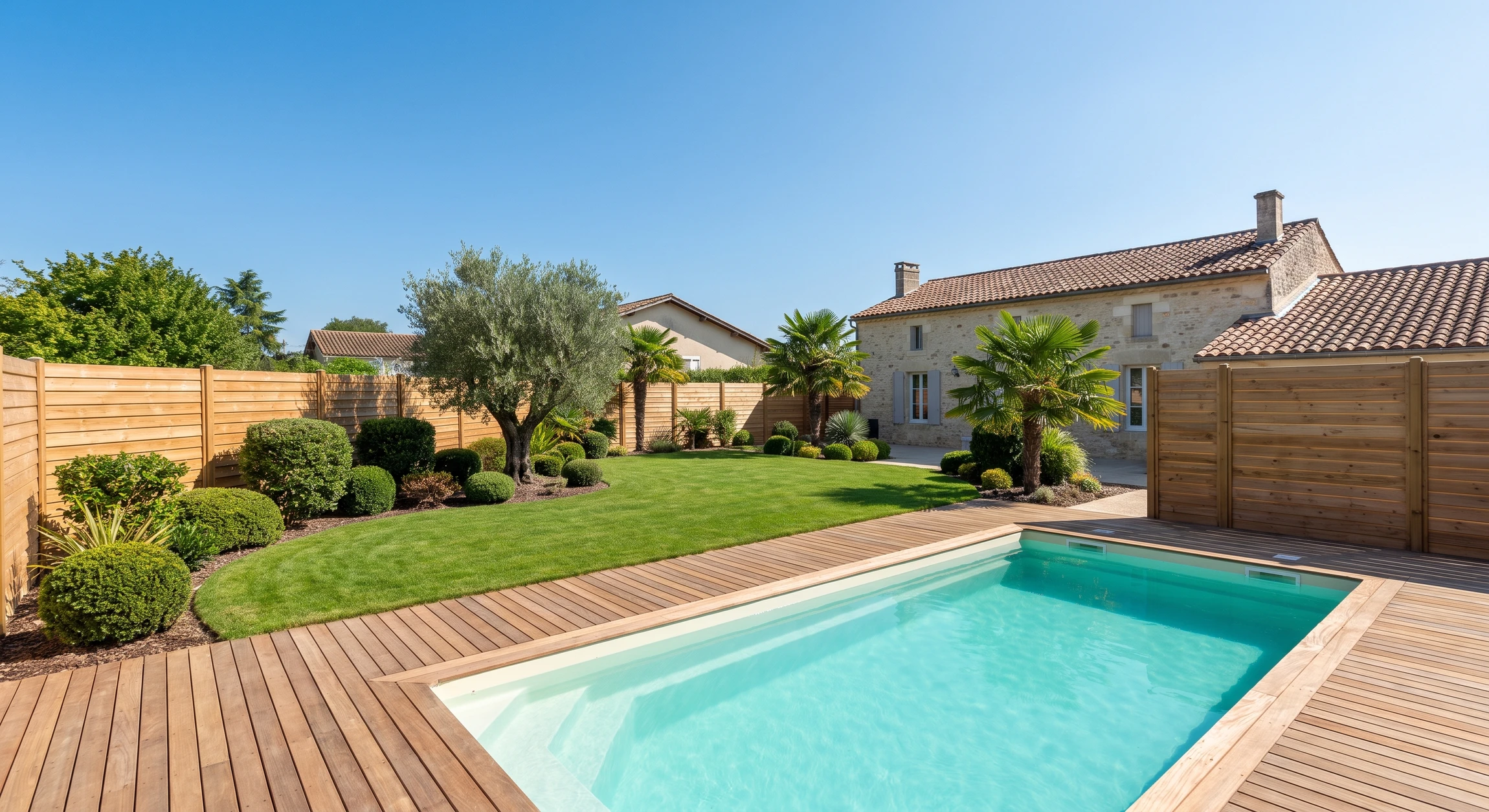Photographie professionnelle d'un jardin résidentiel aménagé complet montrant : une piscine rectangulaire aux eaux turquoise entourée d'une terrasse en bois, des éléments paysagers structurés (pelouse tondue, arbustes taillés, palmiers, olivier), une clôture en bois neuve, et une maison en arrière-plan. La scène doit illustrer la diversité des services de paysagisme : création paysagère, aménagement extérieur, entretien du jardin. Lumière naturelle diurne, ciel dégagé, ambiance méditerranéenne, qualité photographique professionnelle.