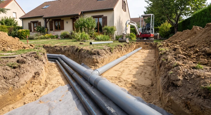 Chantier de clôture en bordure d'une voie privée arborée