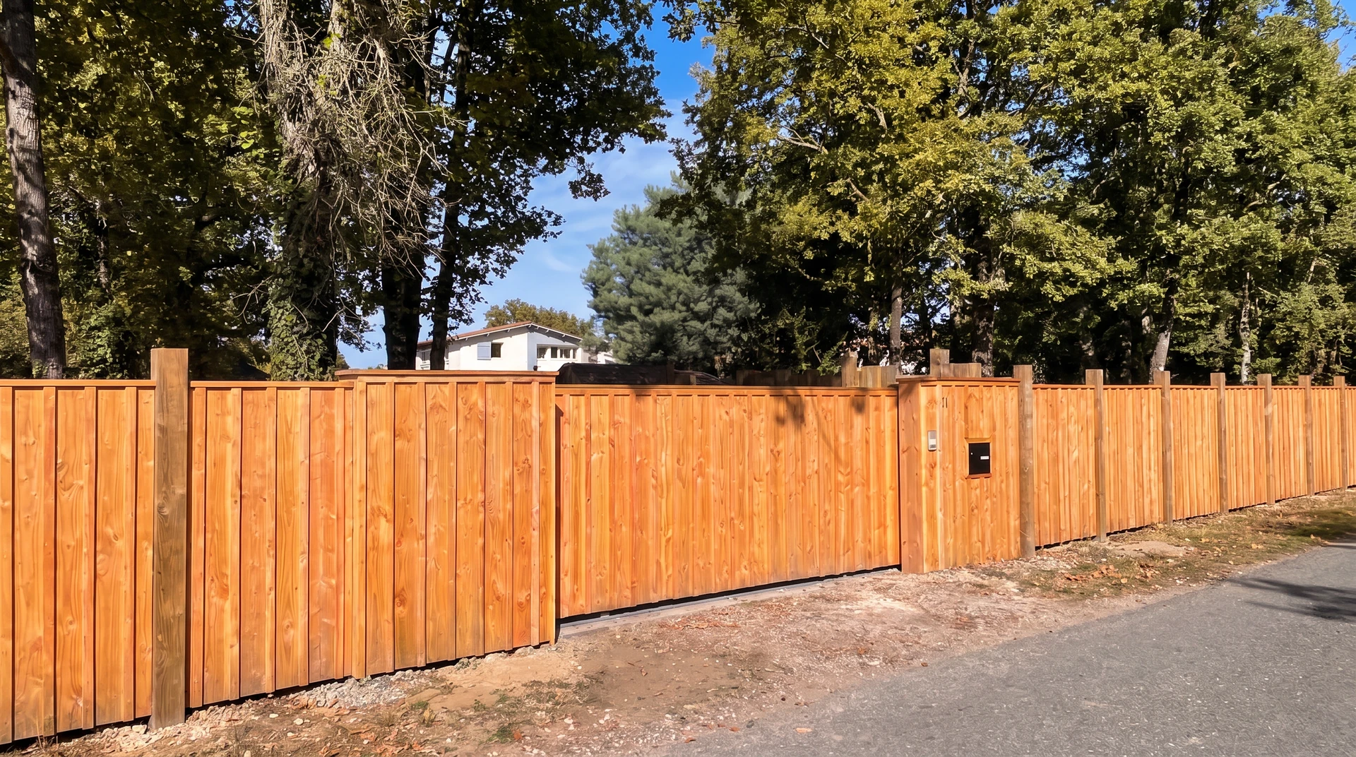 Extérieur résidentiel avec portail coulissant en bois rouge-brun à lames verticales, intégré dans clôture en blocs de béton beige