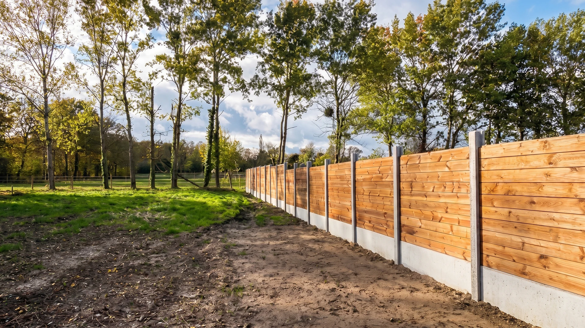 Clôture en bois neuve, style palissade verticale, avec portail coulissant motorisé