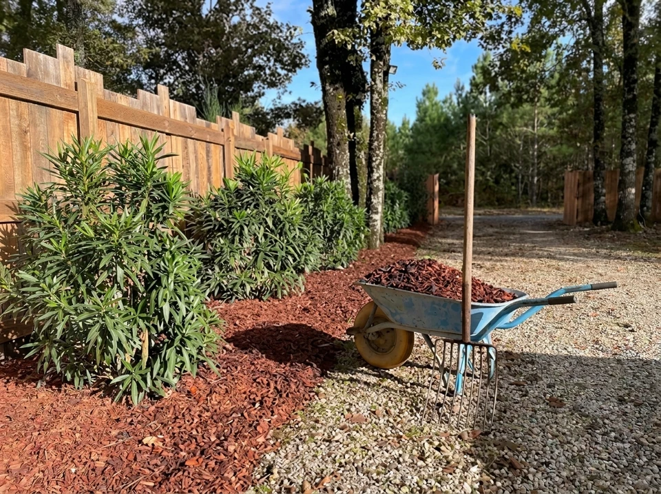 Jardin extérieur méditerranéen ensoleillé, pelouse tondue avec rayures régulières, bordures paysagées avec agaves, cycas, palmiers nains (Chamaerops humilis), oleanders à fleurs rouges, olivier et magnolia