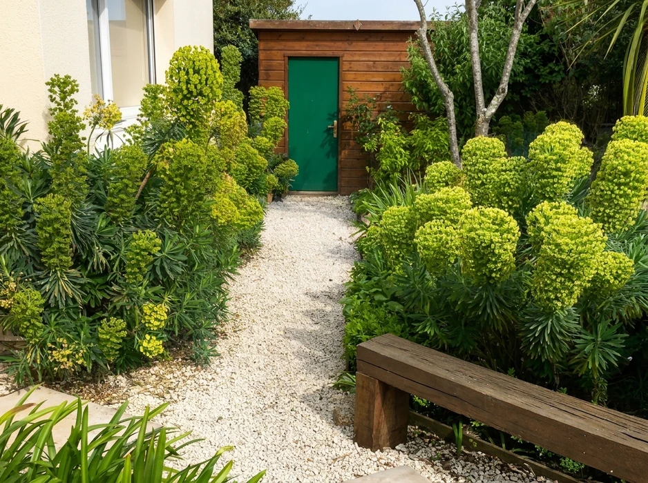 Terrasse extérieure avec sol en carrelage travertin et deck en bois