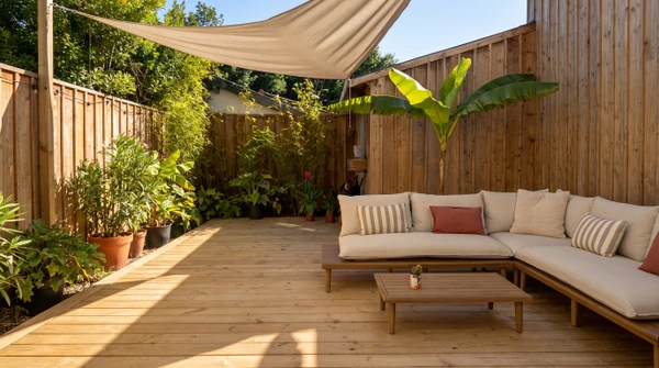 Terrasse en bois surélevée avec parasol déporté, mobilier de jardin et barbecue