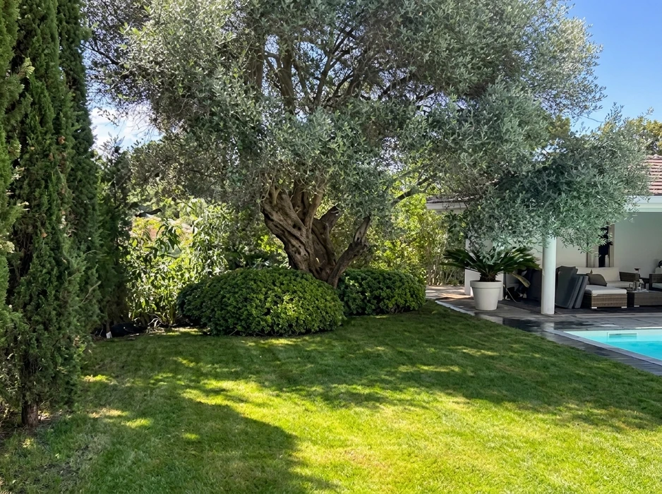 Terrasse extérieure moderne avec lame de bois composite IPE, pergola métallique noire à structure tubulaire, baie vitrée aluminium coulissante sur façade enduit blanc
